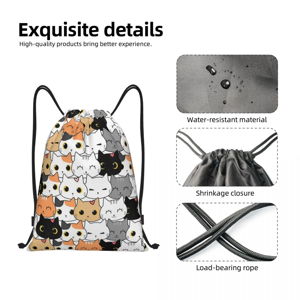 Custom Cute Kitten Cat Doodle Drawstring Backpack Women Men Gym Sport Sackpack Portable Funny Cartoon Shopping Bag Sack