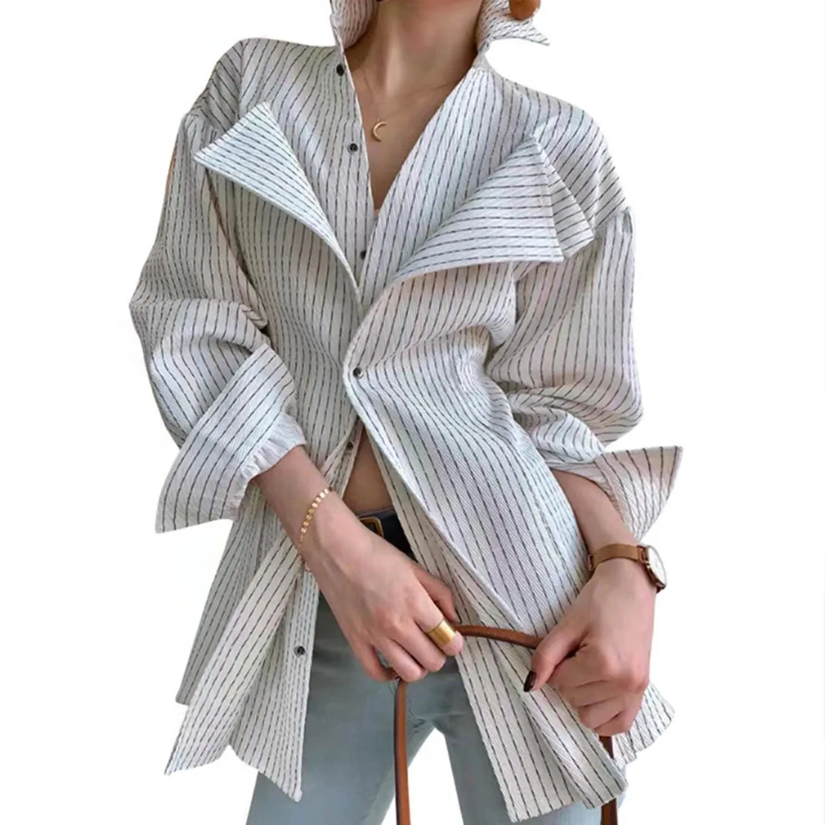 KWTX 2025 New Fashion French Elegant Striped Shirt Women's Fake Two-Piece Design Blouse Chic Office Casual Trendy Versatile Tops