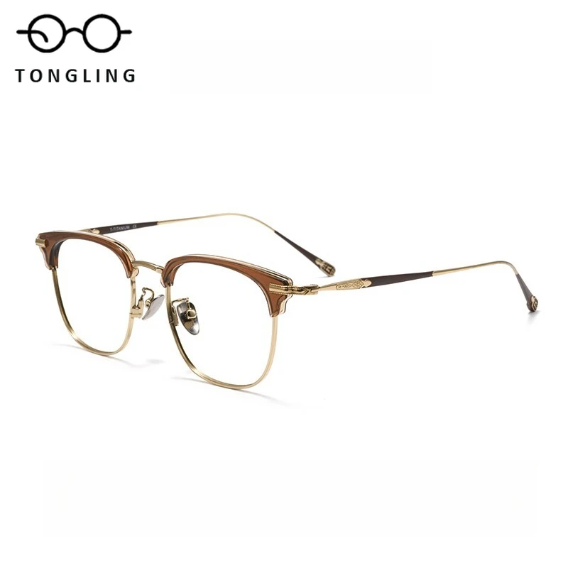 New Fashionable Women Handcrafted Ultra-Light Pure Titanium Eyebrow Frame Men Business Large Frame Sheet Metal Eyeglass Frame