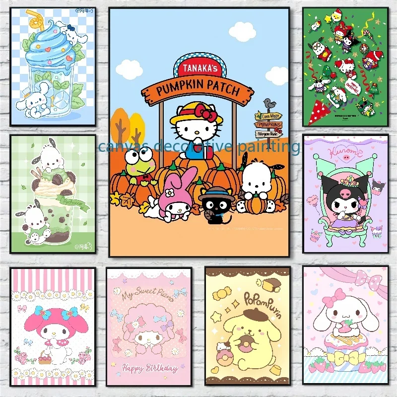 Hello Kitty Cartoon Wall Art Canvas Painting, Print Birthday Party, Cute Cat Quotes for Girl, Kids Room, Home Decor Poster