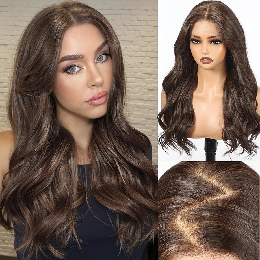 YFShairwig 18-40 Inches Chocolate Brown Body Wave Wigs 200 Density HD Lace Frontal Human Hair Wigs