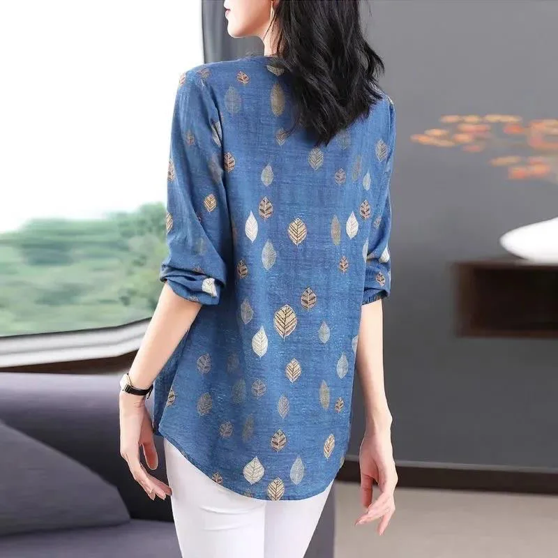 Women Spring Autumn Style Blouses Shirts Lady Casual Three Quarter Sleeve V-Neck Leaf printed Blusas Tops MM1187