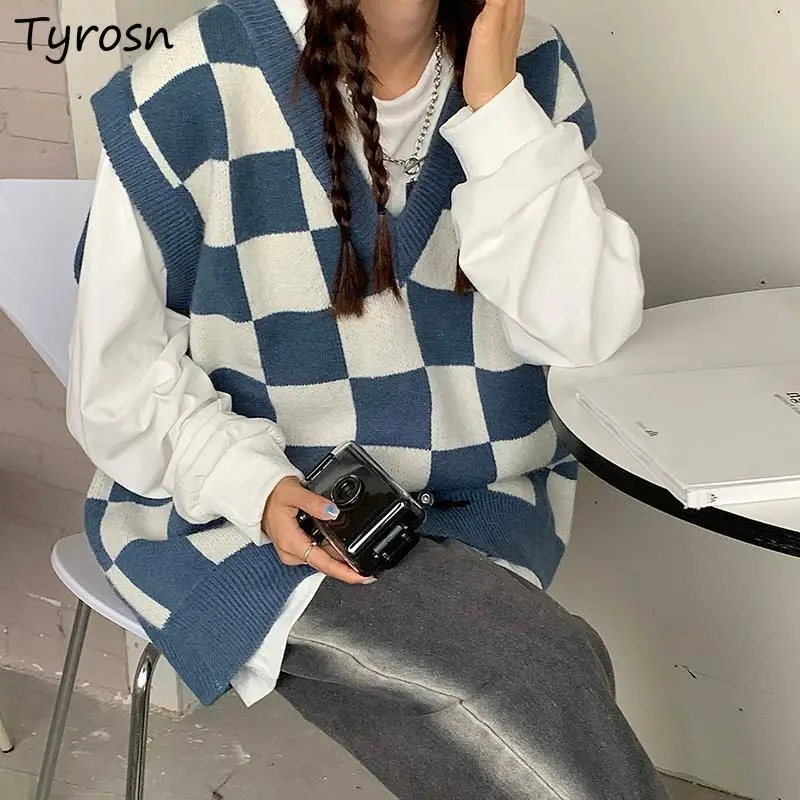 

Sweater Vests Women V-neck Plaid Cozy Soft Knitted Preppy Style Basic Sweet Harajuku Baggy Classic Design Korean Autumn Clothes