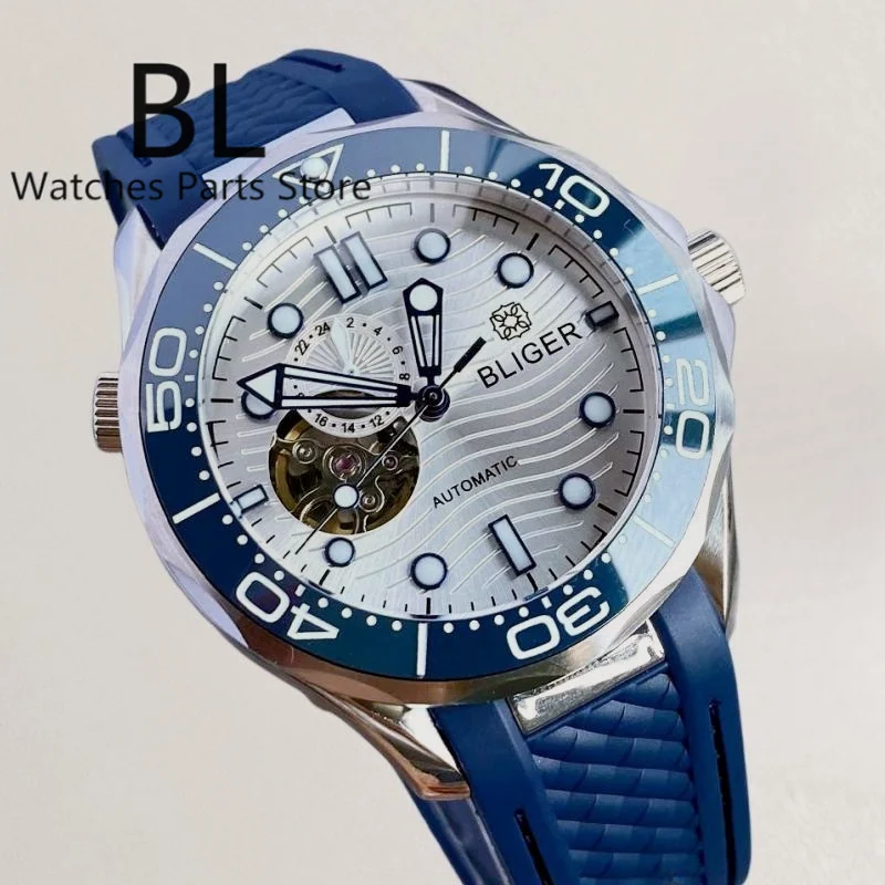 BLIGER 41mm NH39 Automatic Watch For Men Blue Ceramic Bezel Insert Sapphire Crystal Luminous Index White Dial Rubber Strap 4hand