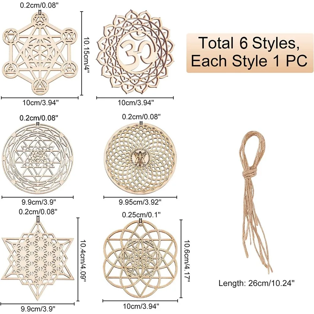 6 Sets 6 Styles 3.9-3.94Inch Sacred Geometry Wall Art Crystal Grid Board Yoga Wall Decor Wooden Wall Decoration with Lanyard