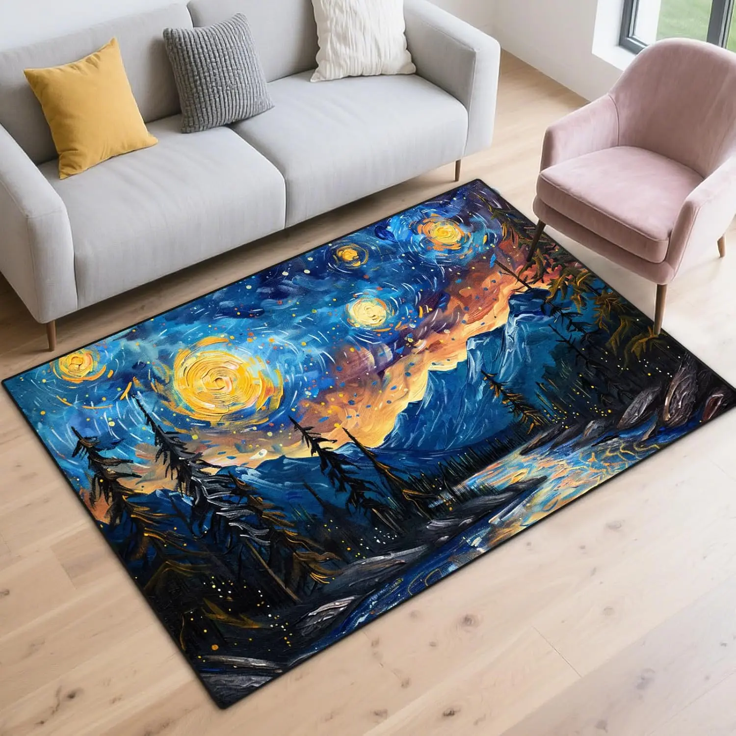 Starry Sky Design Area Rug for Bedroom,Non Slip Entrance Rugs Washable Floor Mat with Starry Sky,Soft Velvet Area Rug Bedroom