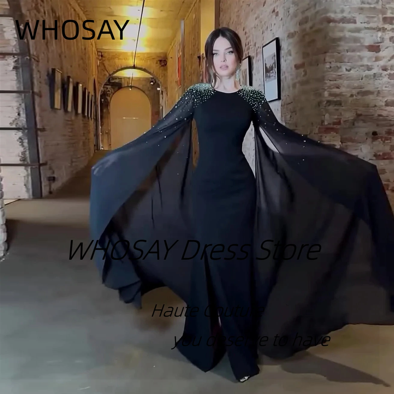 WHOSAY Black Evening Dresses Customized Jewel Neck Beaded Long Flutter Sleeves Prom Party Dress Zipper Back платье вечернее