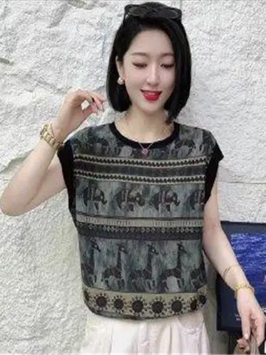 

Лето 2025 г., модный круглый шифоновый топ Ne Svel, свободная утягивающая футболка с принтом в стиле ретро, женская повседневная хлопковая футболка 00%