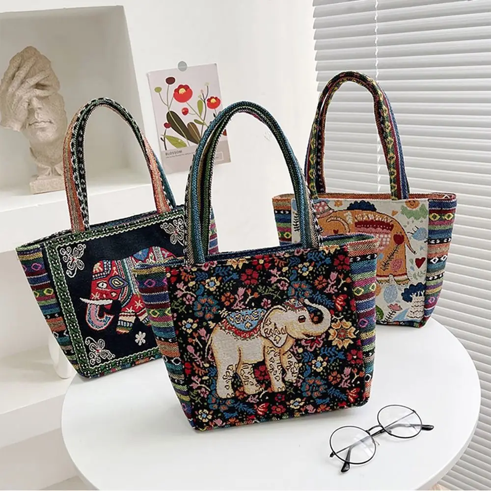 

1Pcs Animal Ethnic Style Canvas Handbag New Storage Bag Elephant Peacock Rabbit Tote Bag Trendy Shoulder Embroidery Bag Women