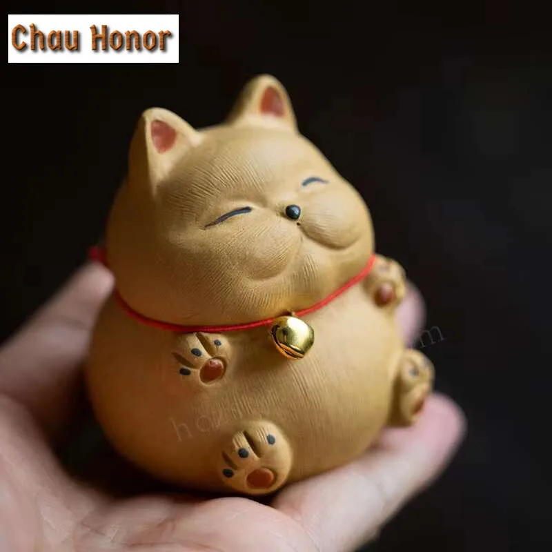 

Boutique Purple Clay Tea Pet Lucky Bellcat Figurine Sculpture Ornaments Handmade Crafts Chinese Tea Set Art Decoration Gifts