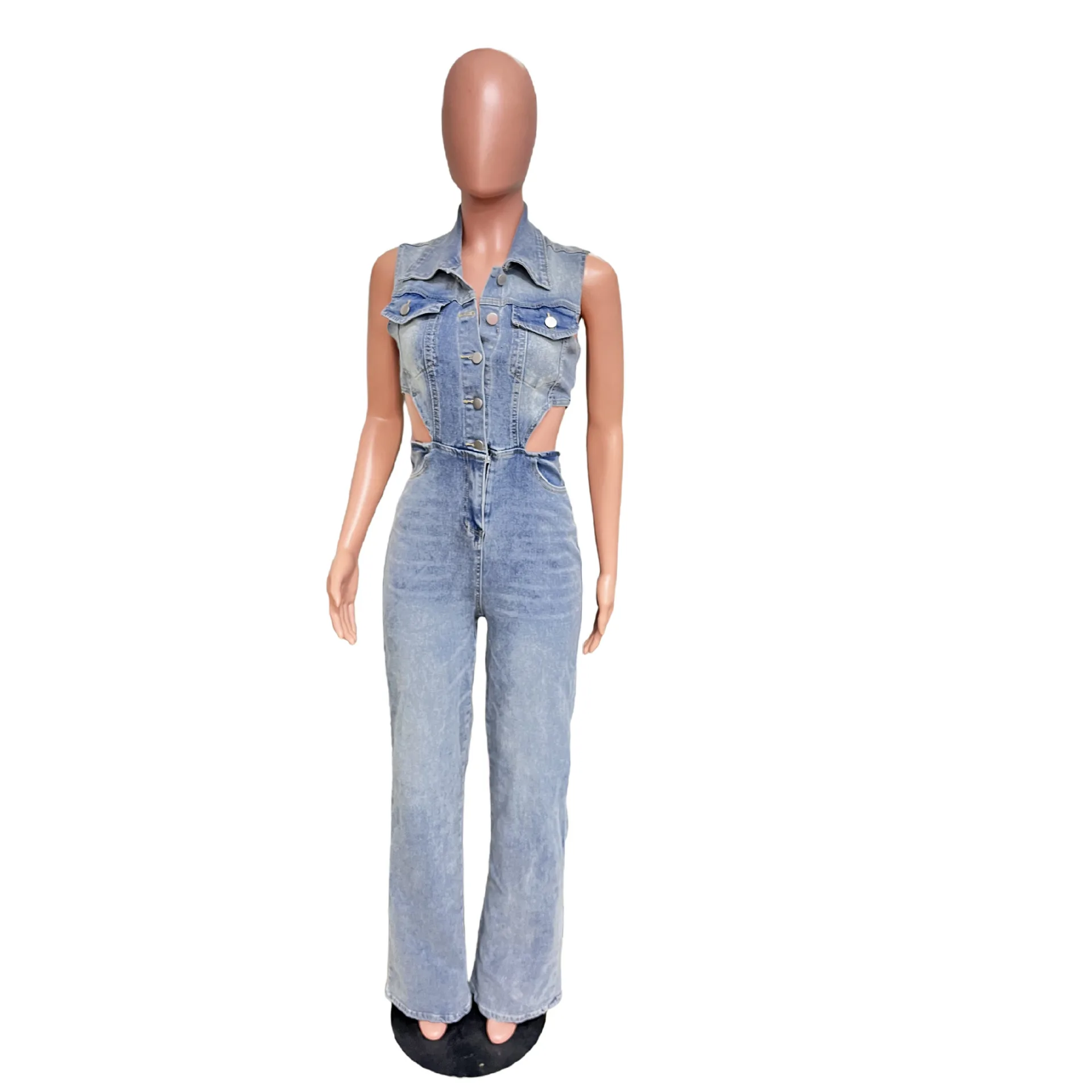 Tuta in denim con risvolto senza maniche dal design scavato sexy europeo americano. Tute a gamba dritta di nuova moda per donna primavera