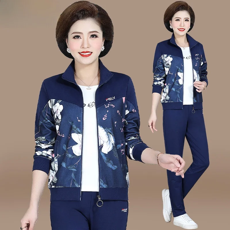 

Chic Autumn Sportswear Set for Middle-Aged Mothers Large Size Top Casual Loose Fit Long Pants Polyester Spandex Blend