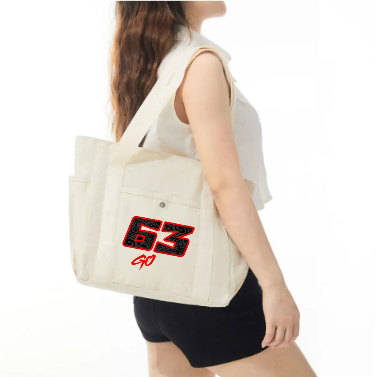 Stylized “63 Go” Racing Graphic Shoulder Bag with Multiple Pockets for Daily Travel