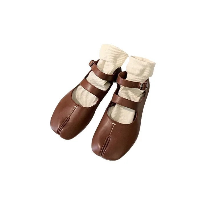 خريف نمط جديد صف مزدوج مشبك ماري جين تصميم المرأة حذاء مسطح جلد مبطن الفلين أسفل لينة مريحة الأحذية #5