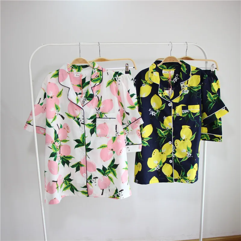 Summer Thin Cool Cotton Ladies Short Sleeve Shorts Home Clothes Sleepwear Set Bright Lemon Color Comfortable Breathable