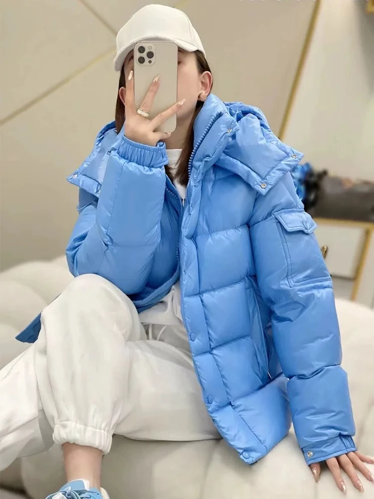 

Women's Down Jacket Winter Coat Female Glossy Sporty Fashion Hooded Outerwears Thick Warm White Goose Down Snow Puffer Coats