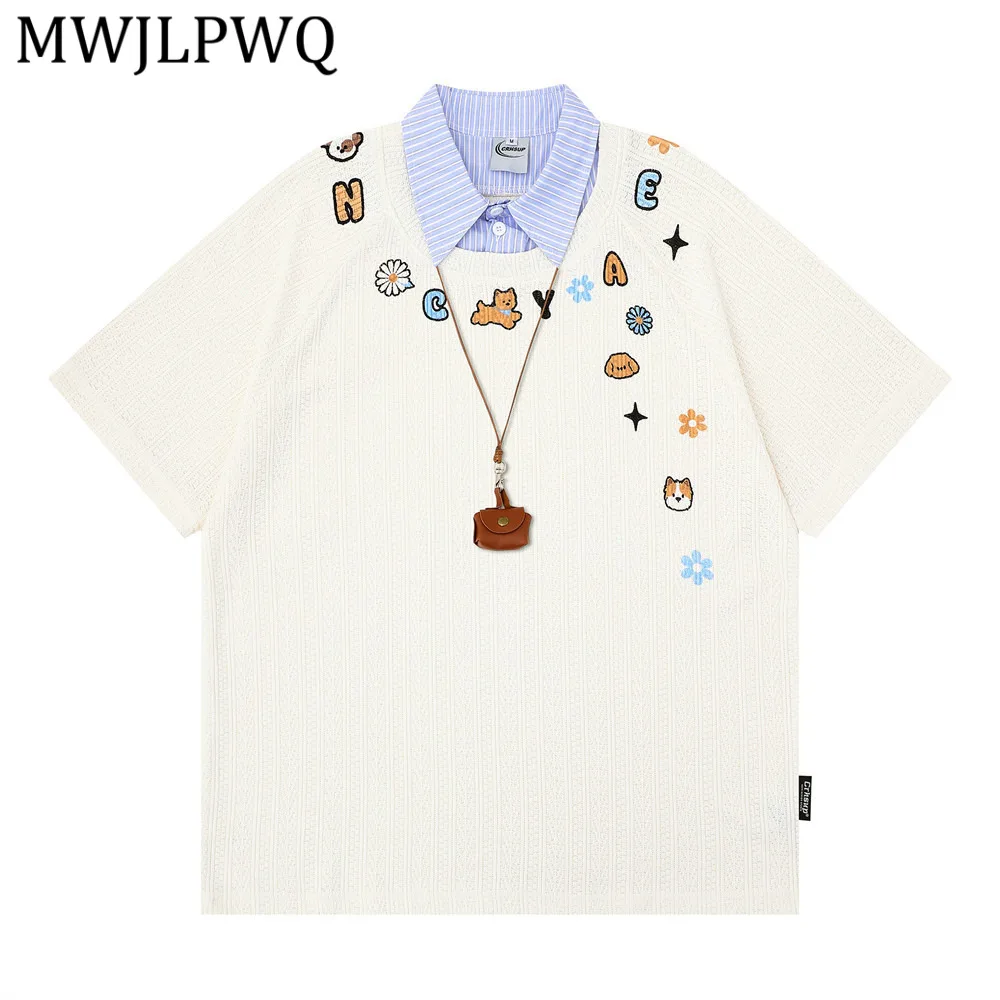 

MWJLPWQ Fake Two-Piece Printed Shirt For Men Lapel Summer Trendy American Style Color-Blocked Stripes Loose Casual Tops 14039