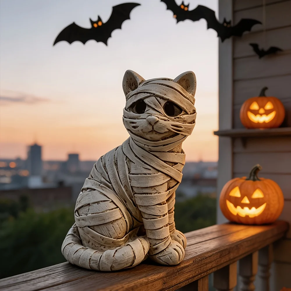 Vintage Ägyptische Mumienkatzenfigur, handgewickelte Bandage-Harzstatue, hohle dunkle Augen, Academia Gothic Halloween-Dekorationsgeschenk – Detail 4