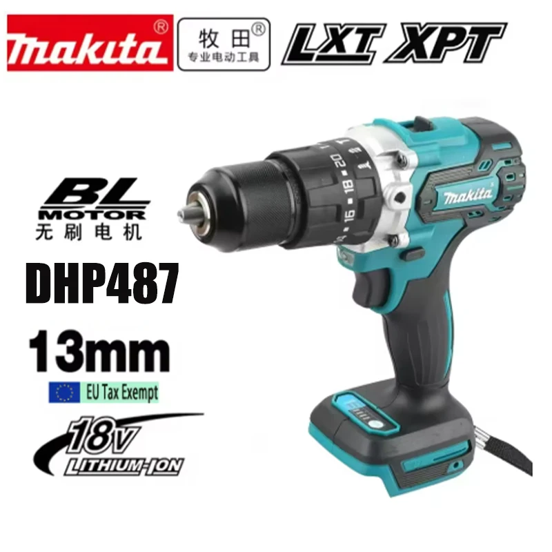 Taladro de impacto recargable de 18 V con batería de litio, motor sin escobillas de 10 mm, modelo DHP487 de Makita. Taladro manual para uso doméstico, destornillador eléctrico de alto torque. Batería
