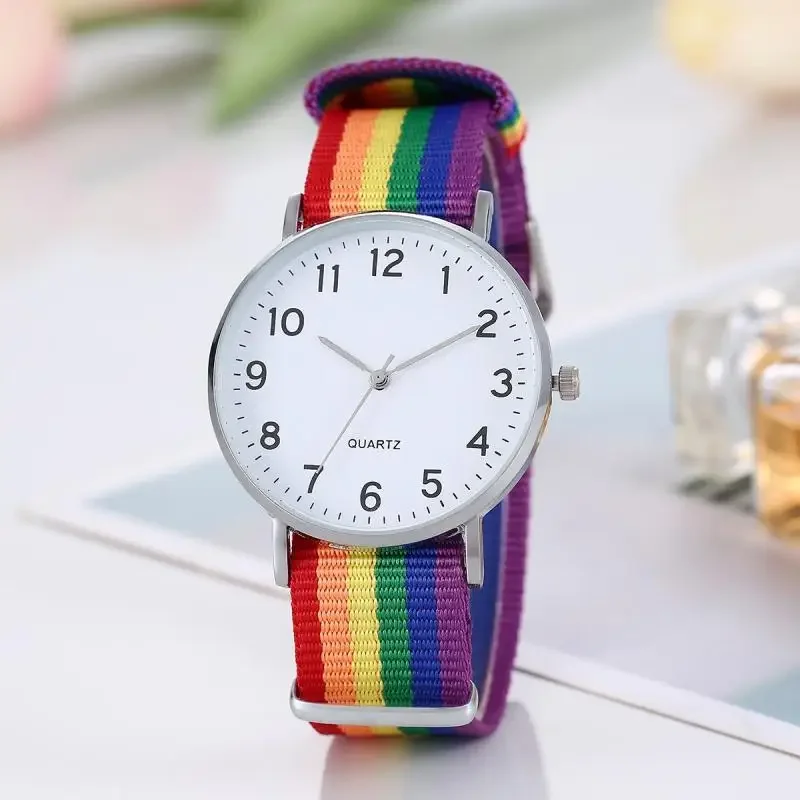 Reloj con correa de lona de arcoíris, relojes de pulsera con puntero Digital de Esfera Grande de Color arcoíris, relojes informales de cuarzo