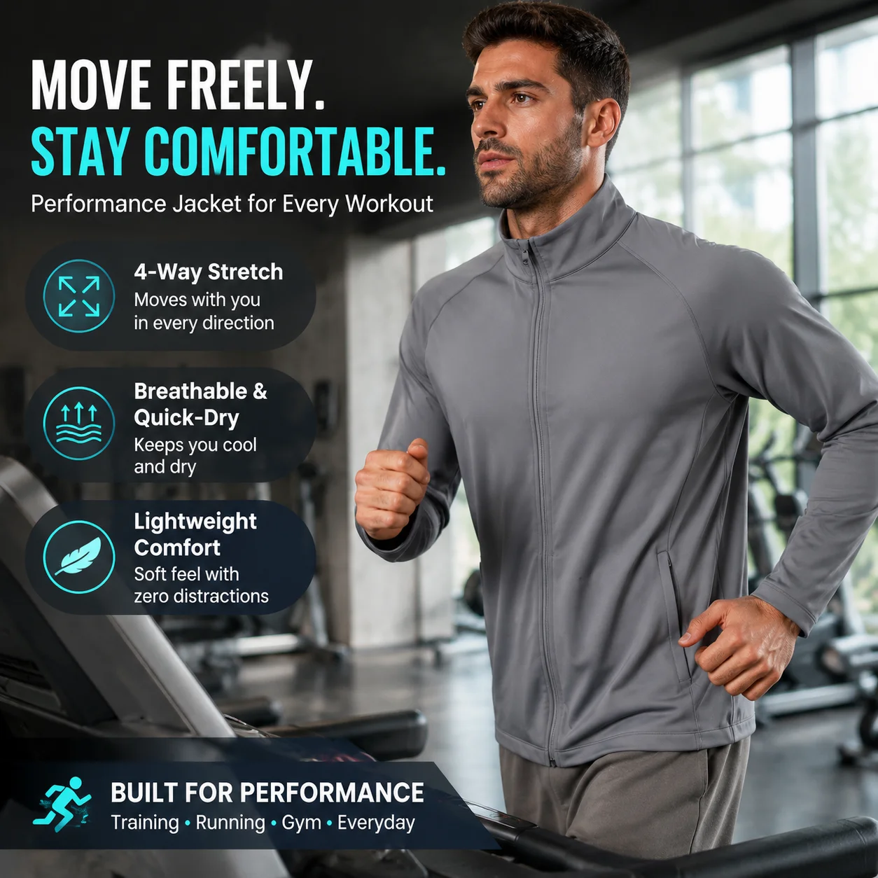 Men's Full Zip Running Jacket, 4-Way Stretch Breathable Athletic Top, Lightweight Quick Dry Track Jacket with Flatlock Seams for