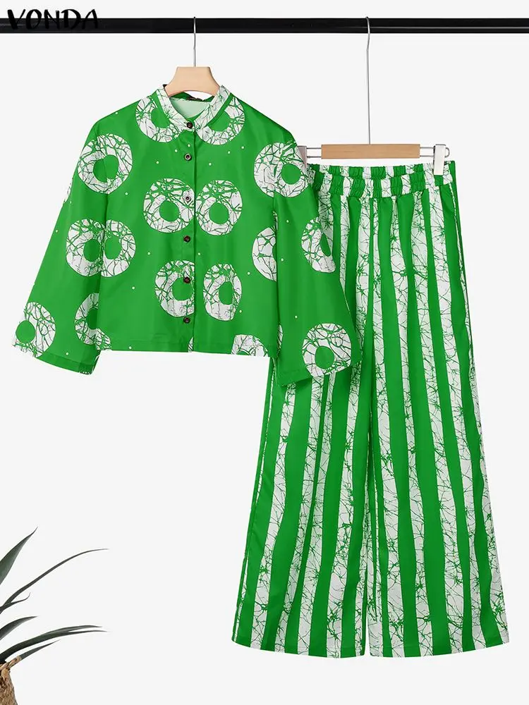 

VONDA Plus Size Pant Sets Women 2 Piece Outfits Autumn 3/4 Sleeve Fashion Bohemian Shirts Wide Leg Pants Vintage Print 2PCS 5XL