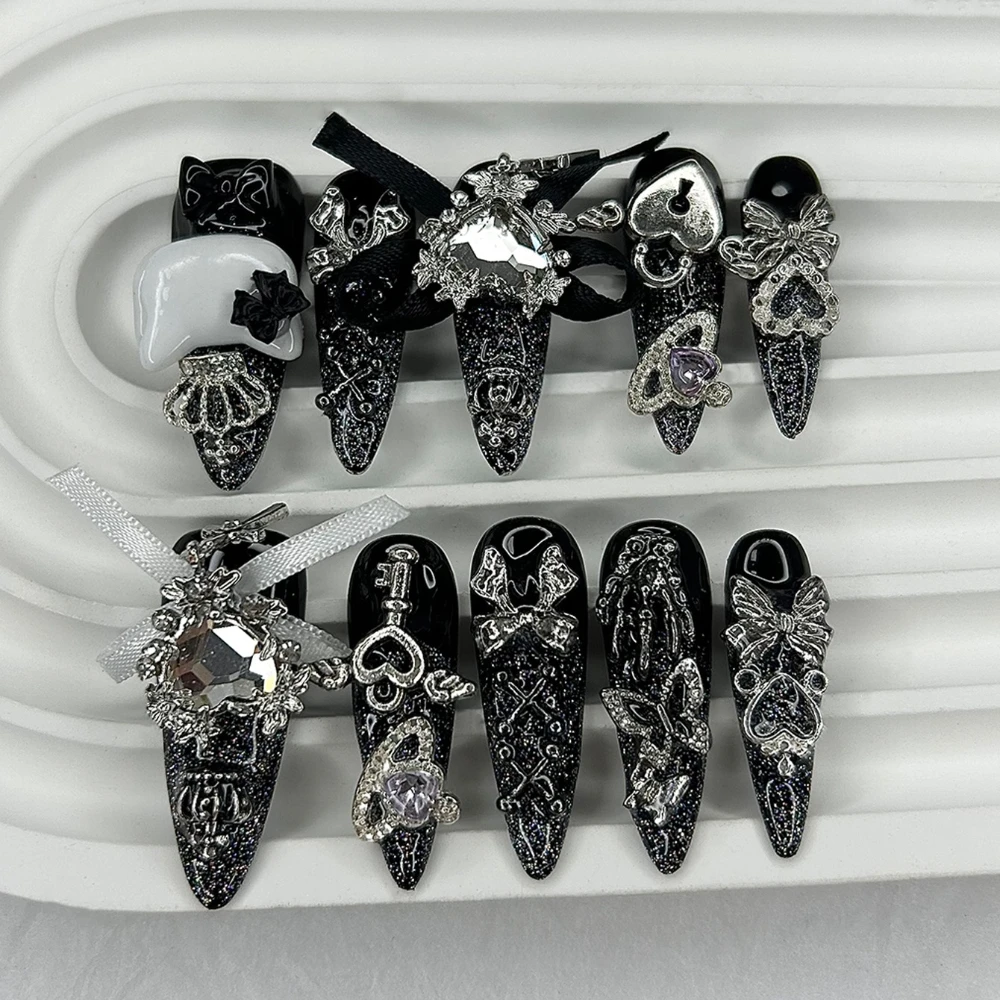 

10 шт. накладных ногтей Jirai Y2K черного цвета с длинными кончиками, ручной работы, с блестками, милые, 3D-дизайн: бантики, короны, планеты, бриллианты, для нейл-арта