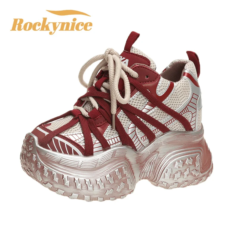 New Breathable Mesh Spring Autumn Chunky Sneakers 9.5CM Heels High Platform Dad Shoes Women Fashion Wedges Casual Sport Sneakers