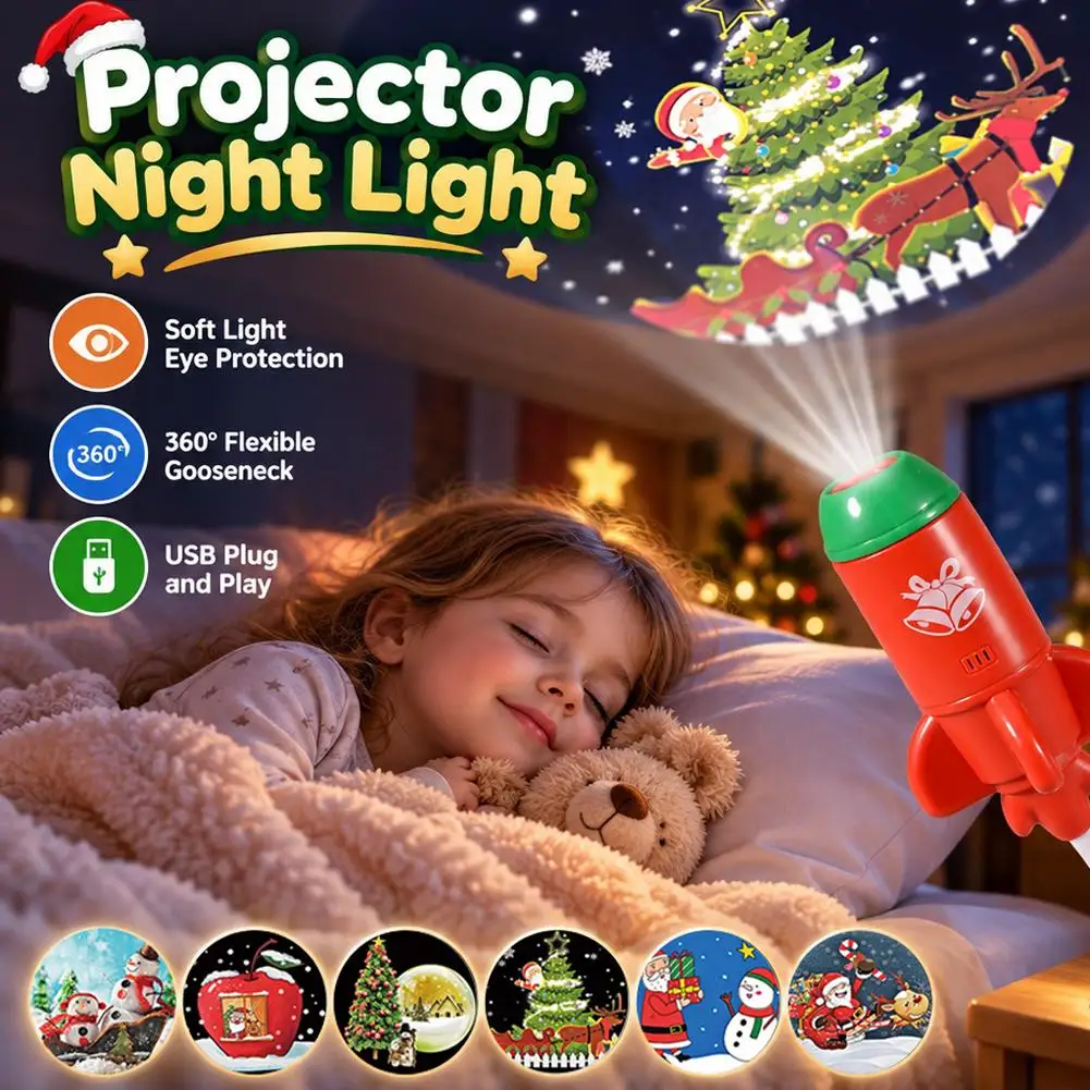 USB Christmas LED Projector Light Rocket Pattern Projection Night Light Wall Lamp Xmas Halloween Atmosphere Decor