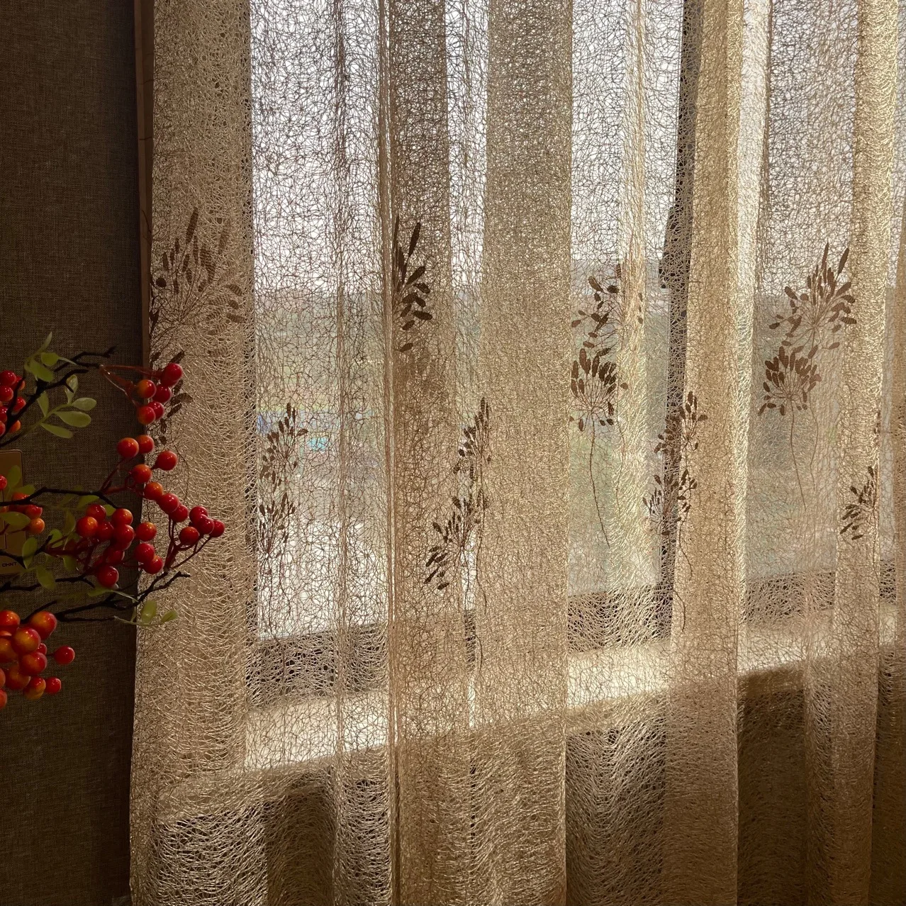 

2022 New Bay Window Balcony Translucent Impervious Embroidered Yarn Milk Tea Color Nordic Simple Living Room Sheer Curtain