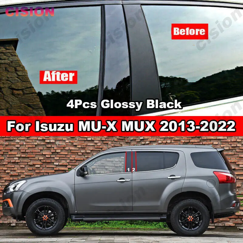 For ISUZU MUX MU-X 2012-2022 Car Window Door Column BC Pillar Post Cover Trim Glossy Black Carbon Fiber Mirror Effect PC Sticker