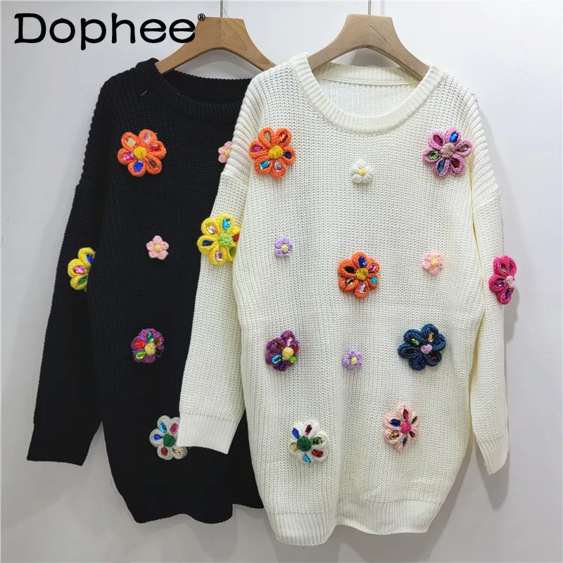 Autumn Winter Sweet and Cute Three-dimensional Colored Flower Diamond-encrusted Round Neck Loose Pullover Knitted Sweater Women