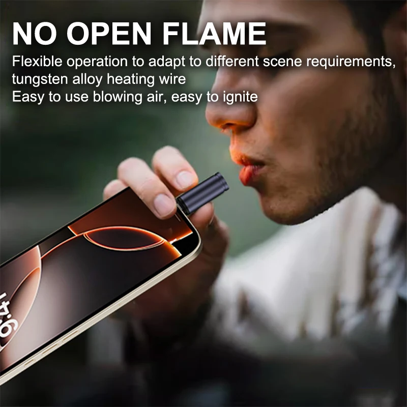 Type C Mini Lighter, No Battery or Flame Needed, Blow-to-Ignite, Auto Shut-Off, Compact Design for Air Travel & Outdoor Use.