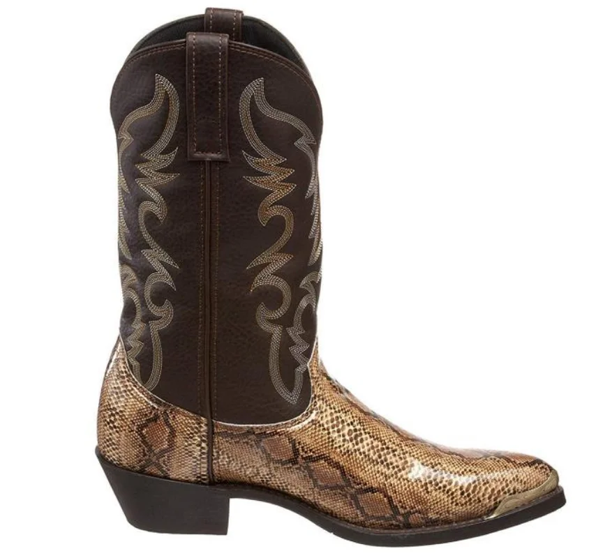 Retro Men Women Boots Golden Head Snake Skin Faux Leather Winter Shoes Embroidered Western Cowboy Boots Unisex Footwear Big Size