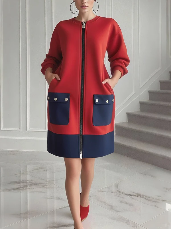 Modigirl Kontrastfarbe, lange Ärmel, Kleider für Damen, Winter, Frühling, 2022, neue stilvolle rote Taschen, Reißverschluss, Midi-Freizeitkleid für Damen