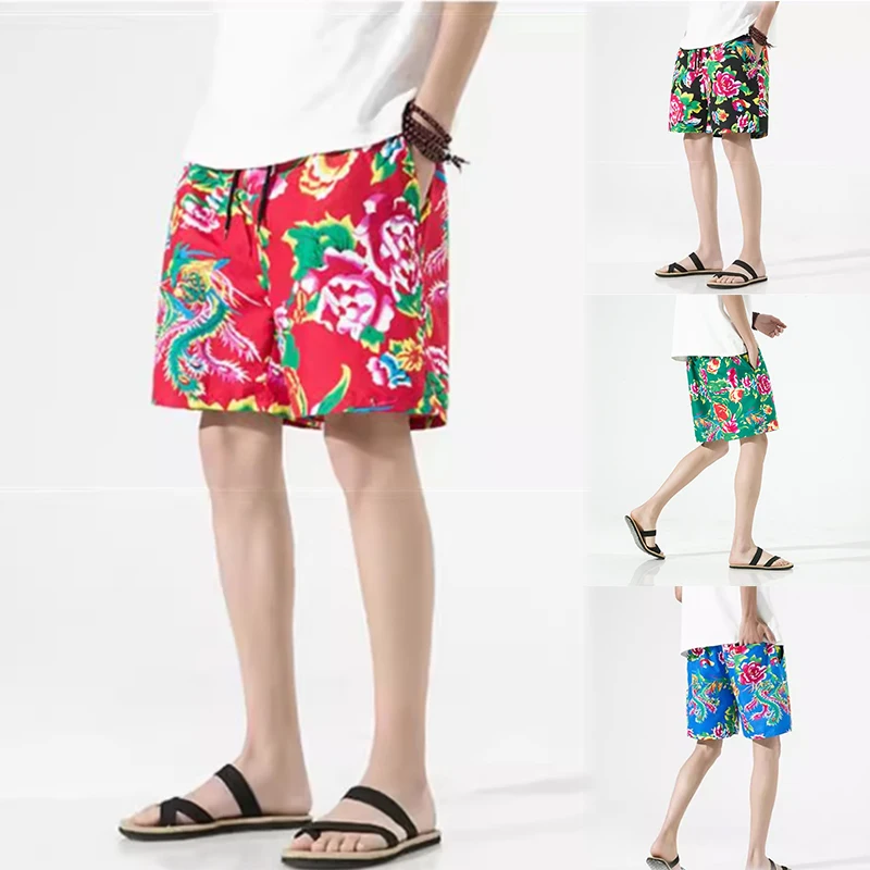 2024 Summer New Men\'s Beach Shorts Fashion Chinese Style Large Flowers Printed Casual Straight Shorts