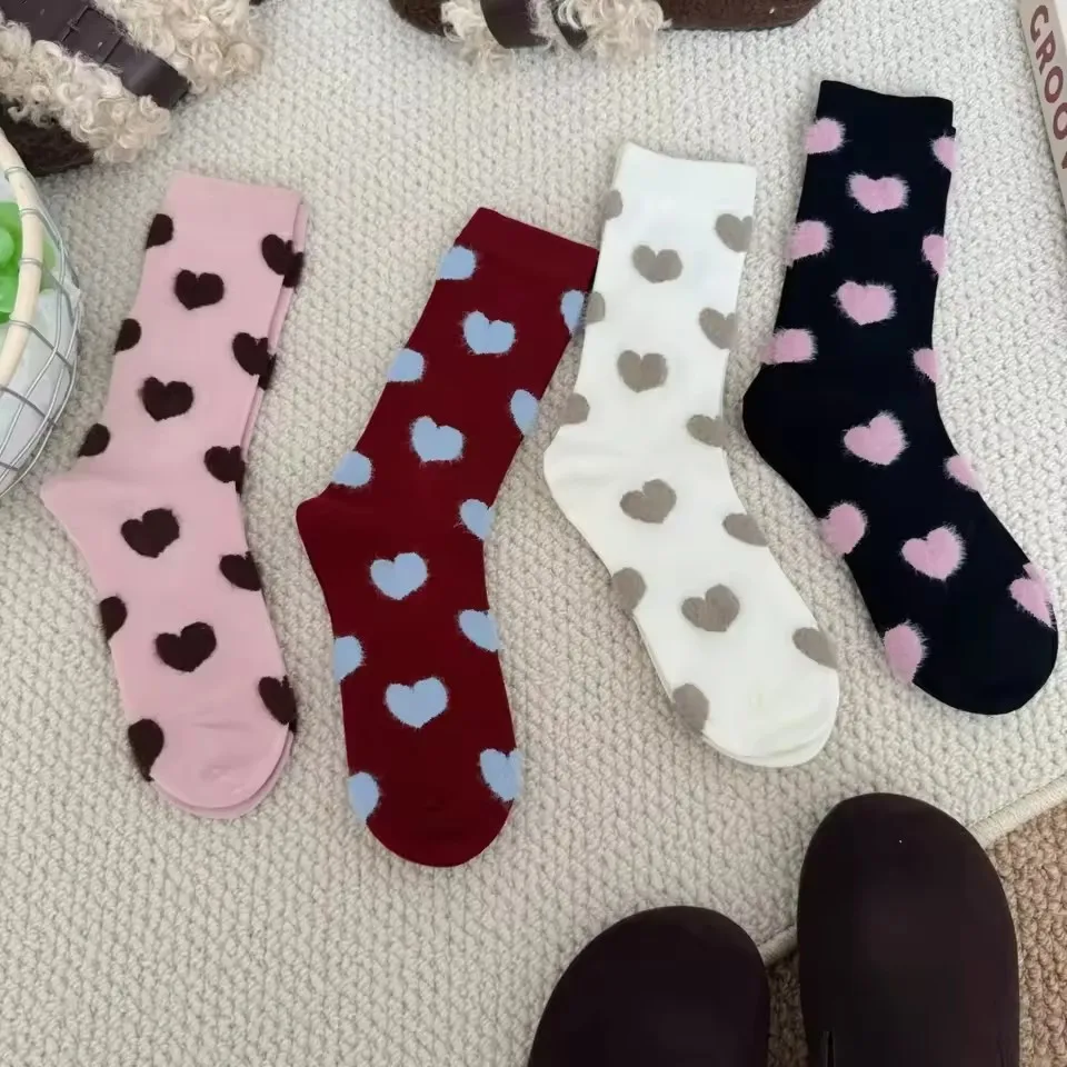 4 Pairs Women's Autumn Winter Flocking Mid-Calf Socks Color Block No-Show Crew Length Cozy Soft Fabric Korean Style Cute
