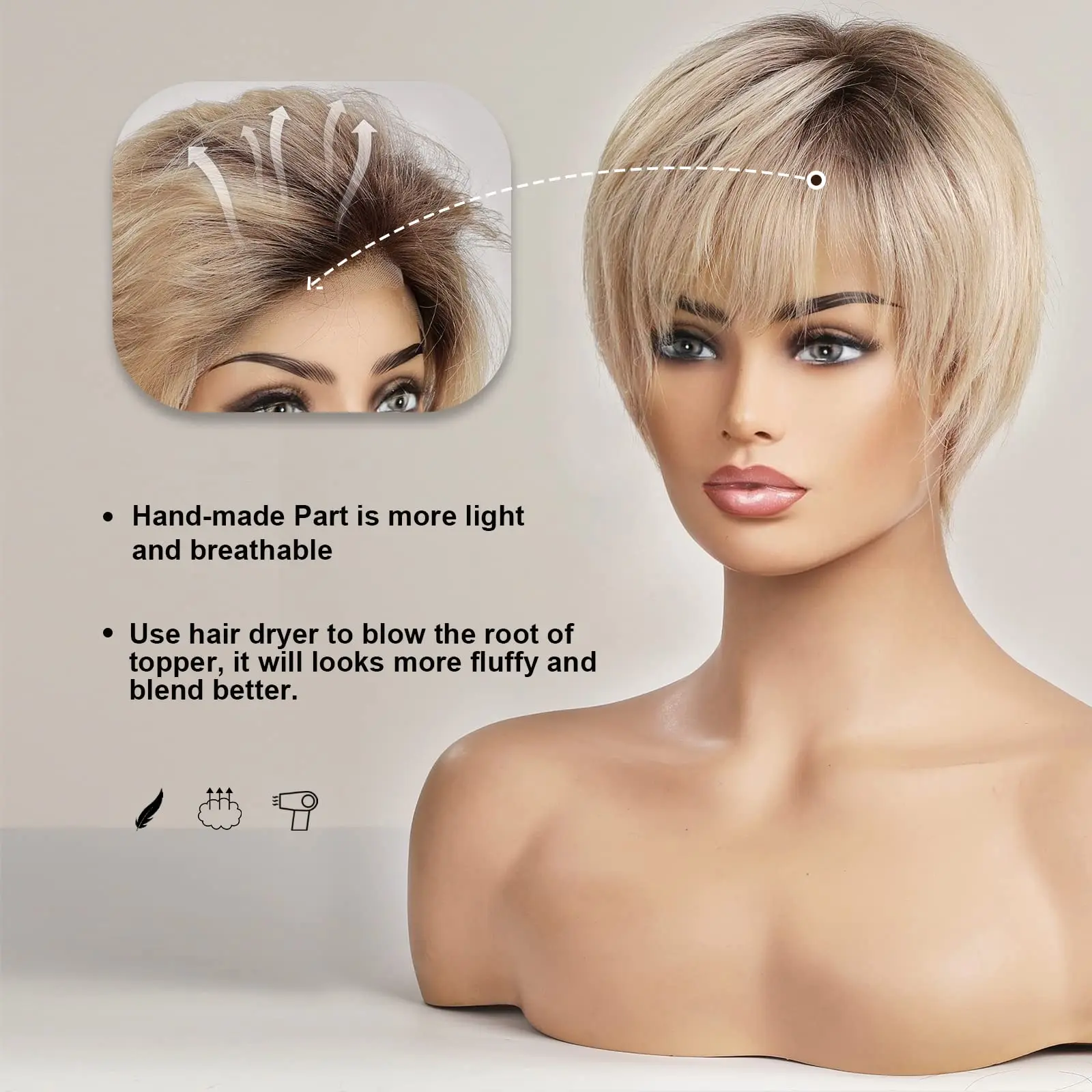 Perruque Naturelle Remy Coupe Pixie pour Femme, Cheveux Courts, Blond Ombré, Transparent HD