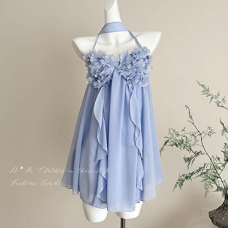 Korean Fashion Summer Vacation Halter Dress for Women Chiffon A-line Mini Dress Sexy Mesh Short Dress Backless Zipper Blue Dress