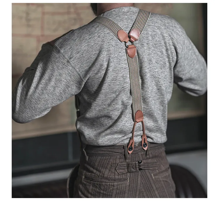 BRONSON Vintage Y Shape Suspenders, Old Time Patch Leather Braces, American Workwear Retro Shoulder Straps