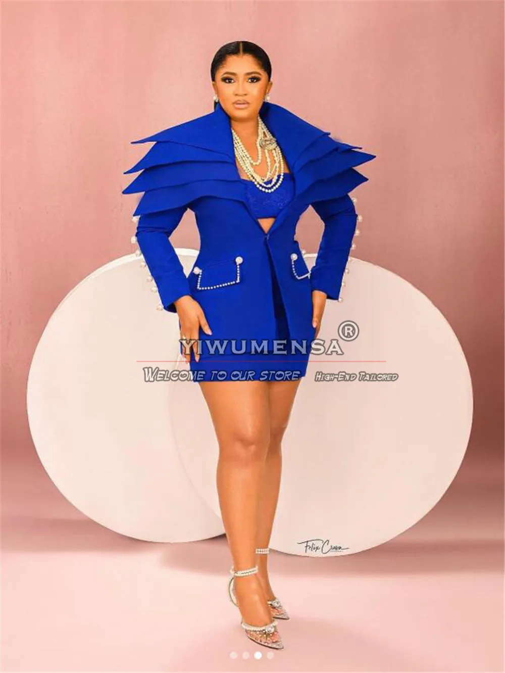 Setelan rok desain terbaru pakaian tuksedo wanita Royal Blue Blazer Lapel timbul khusus gaun ibu modis wanita pesta Formal