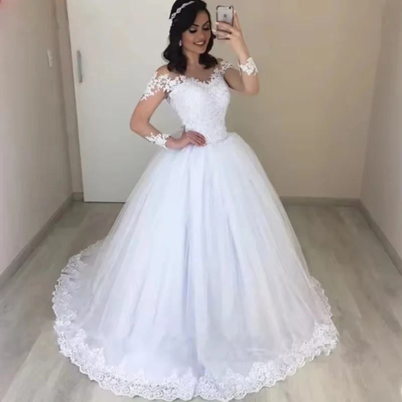 

Holy Wedding Dresses Illusion Long Sleeve Women Dress Appliques Bridal Gown فساتين حفلات الزفاف Customized