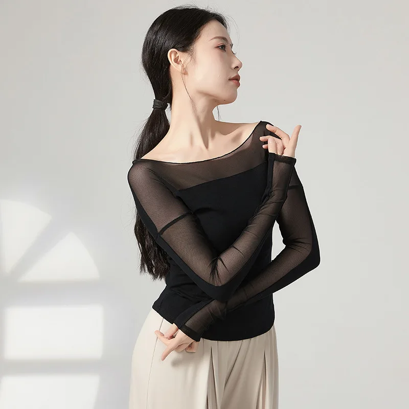 Classic dance costume temperament long sleeved modern dance mesh splicing slim fit and slimming body clothing top