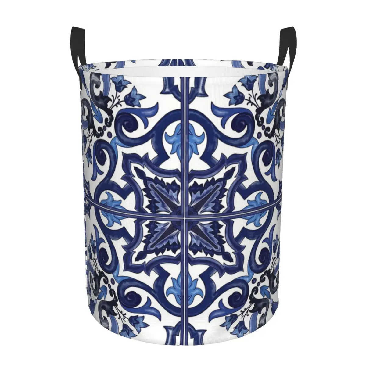 Blue Ornate Floral Mediterranean Sicilian Tile Folding Laundry Baskets Dirty Clothes Storage Basket Large Waterproof Box