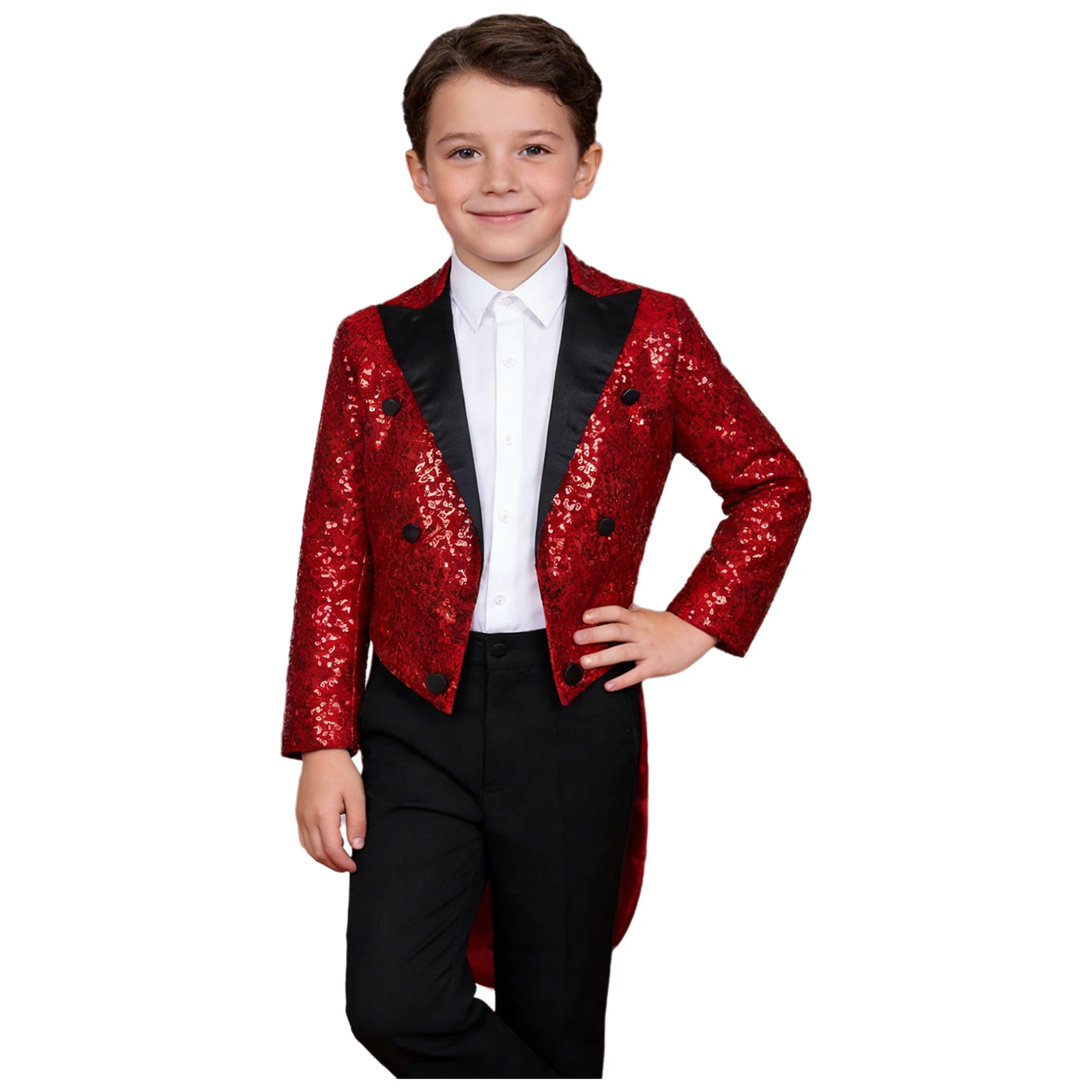 Kids Boys Long Sleeve Sequin Satin Blazer Tuxedo Wedding Party Dancing Tailcoat Halloween Carnival Circus Magic Shows Costume