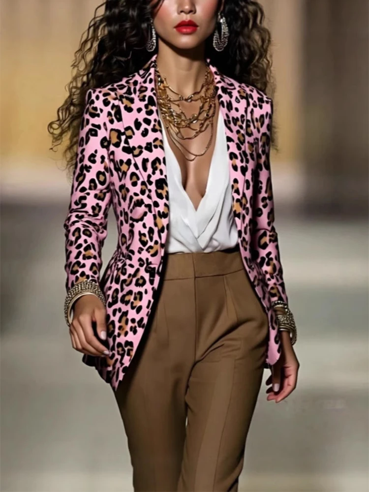 Spring Autumn 2026 Fashion Leopard Blazer Women Notched Slim Waist Jacket Coat Women Clothing Female Casual 63991