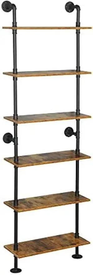 

6-Tier Industrial Pipe Shelves Shelf Shelving Rustic Wood Metal Wrought Iron Ladder Bookcase Bookshelf Wall Mounted Mount