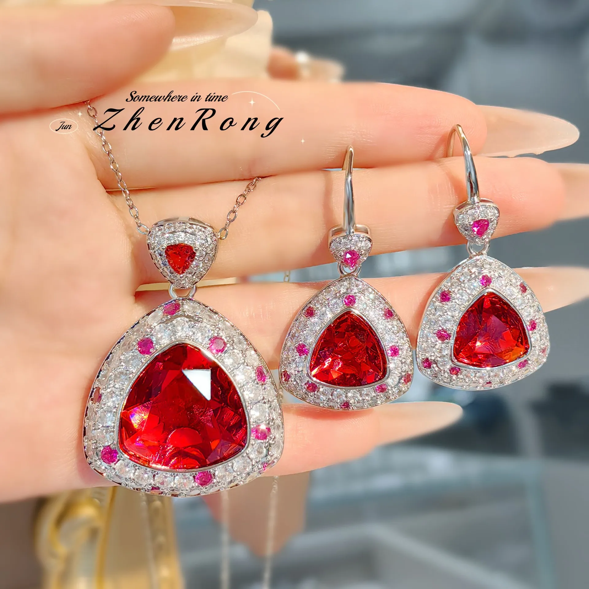 S925 sterling silver stud earrings ring necklace set retro geometric fat triangular red diamond colored treasure set