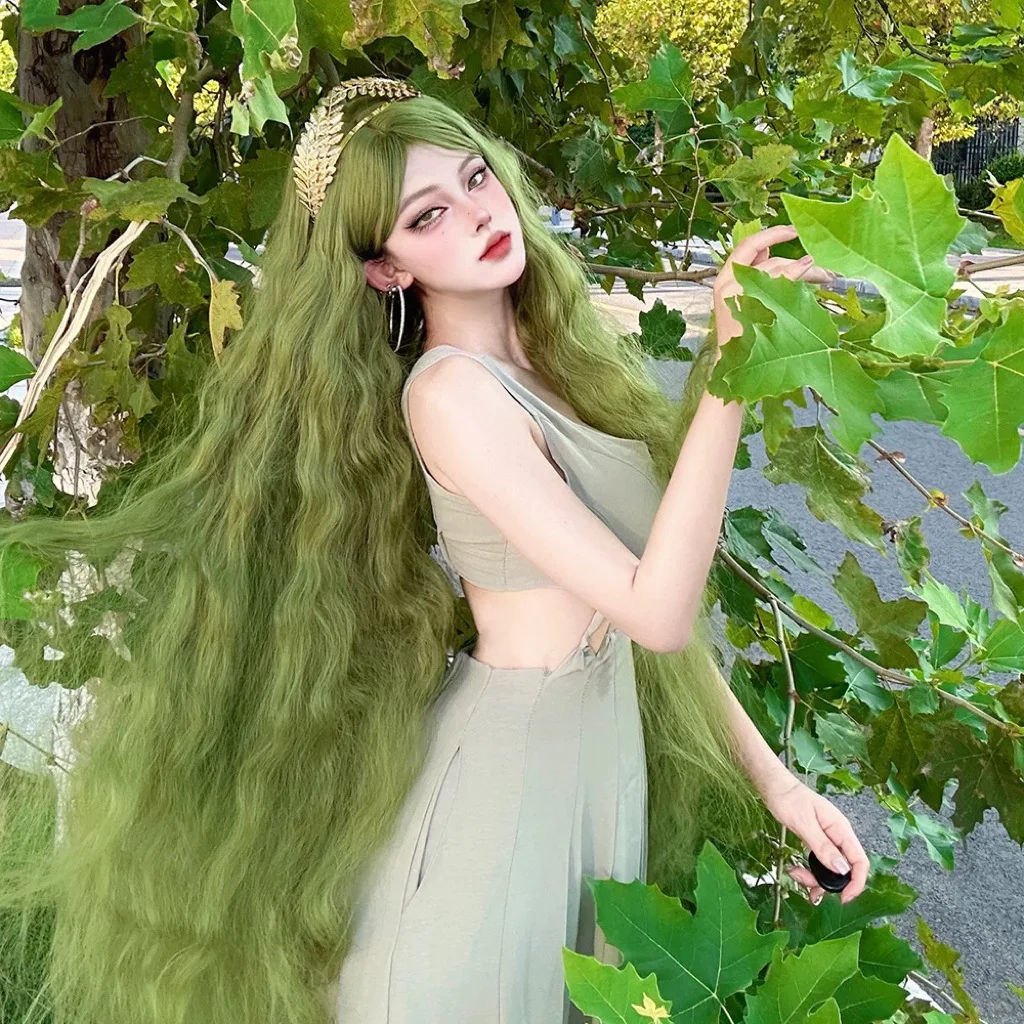 Ashely Forest Green Wig for Women Cosplay Wig 100cm Long Straight Synthetic Curly Wig with Bangs High Temperature Fibers Wigs