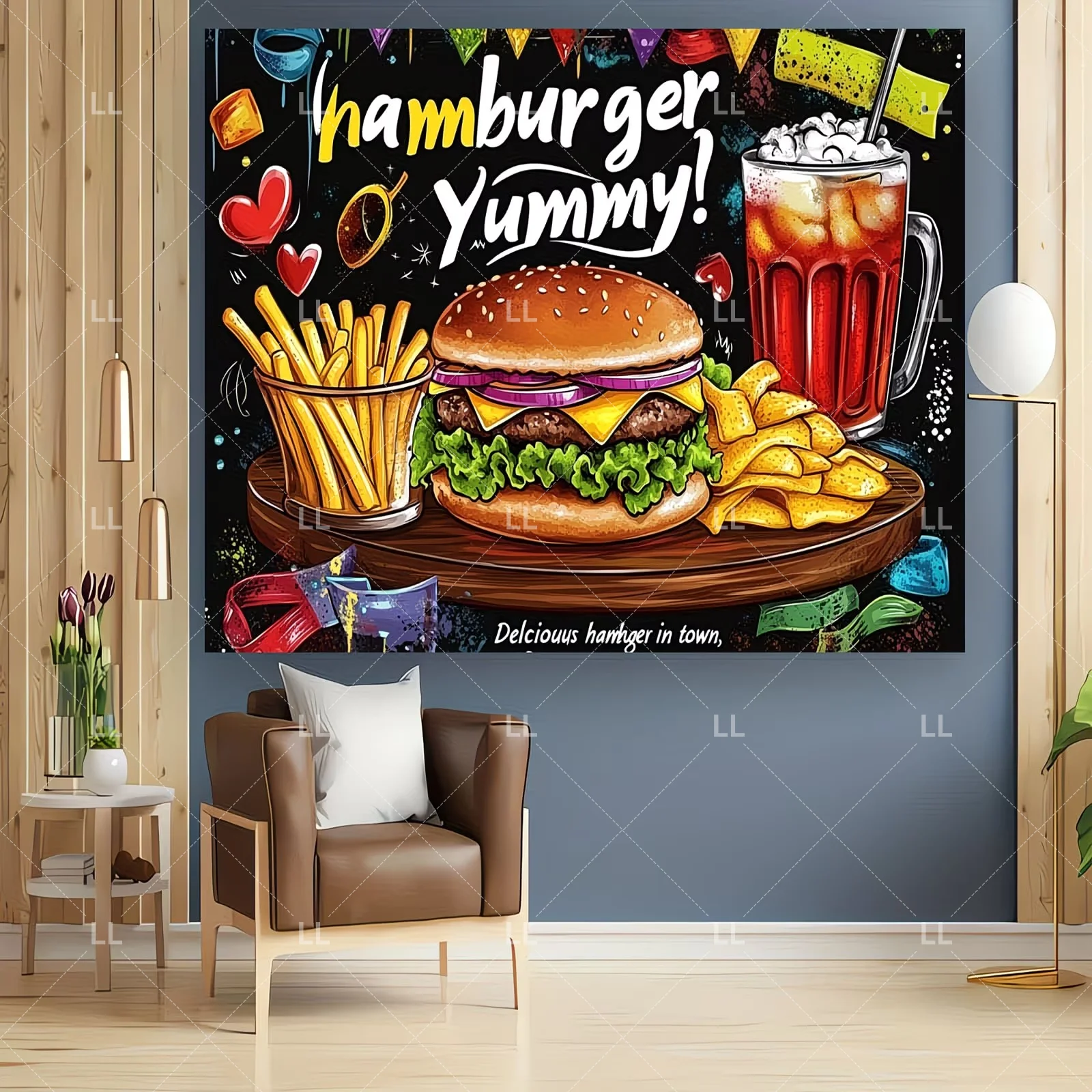 Cartoon-Hamburger- und Pommes-Frites-Hintergrund für Geburtstagsfeiern, Babypartys und Fotografie – Kindergeschenk – Detail 5